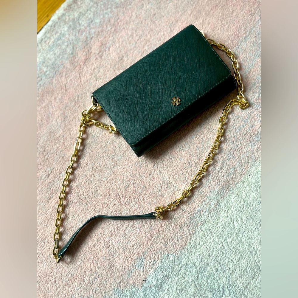 Tory Burch Forest Green Leather Chain Wallet